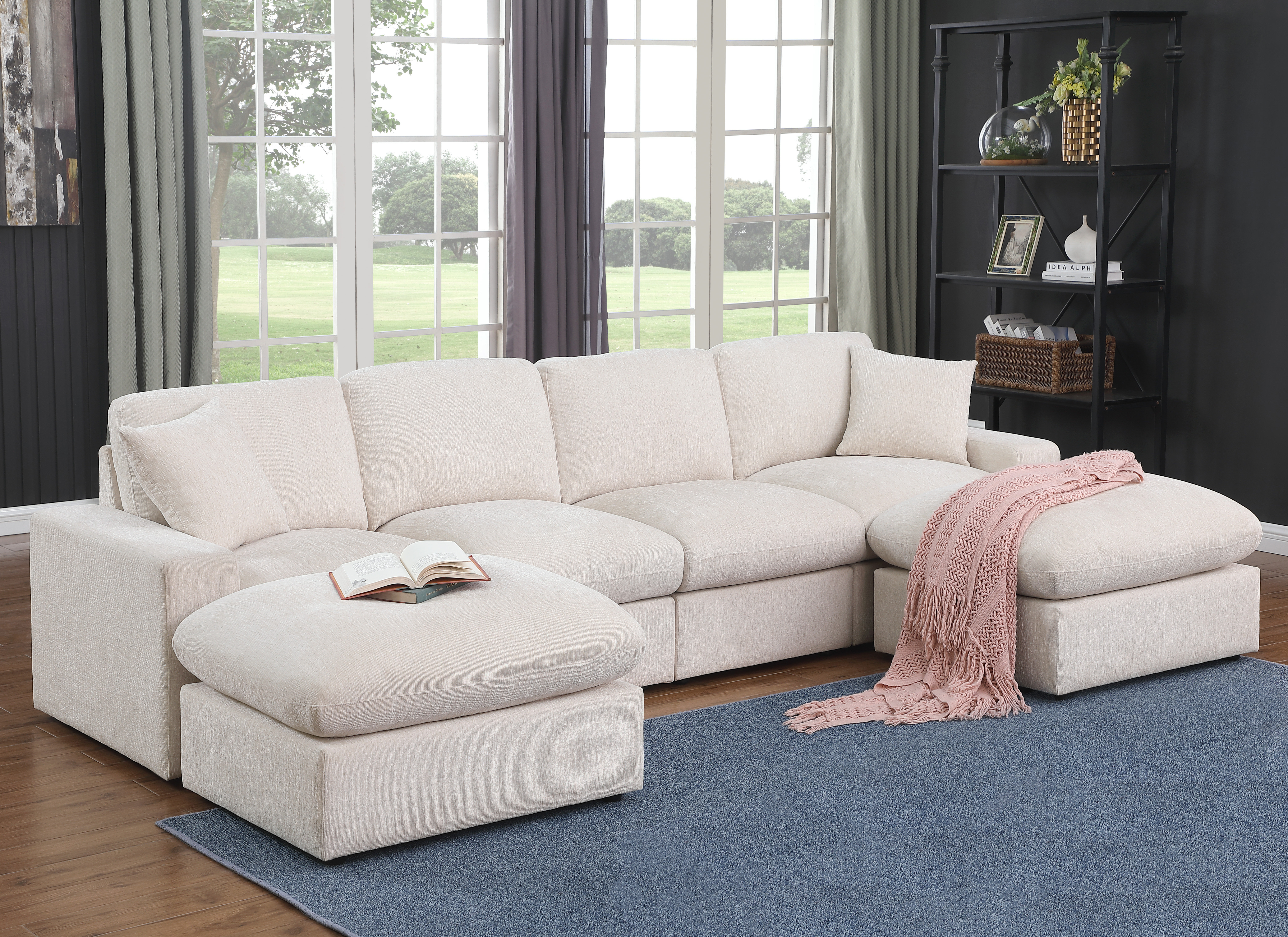 Tolzmann Sectional Sofa With 2 Ottomans - Beige Chenille
