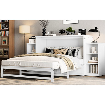 Grand lit blanc avec tablettes, idéal pour les espaces, l'espace et les chambres à cadre en pin, avec compartiments de rangement, style minimaliste