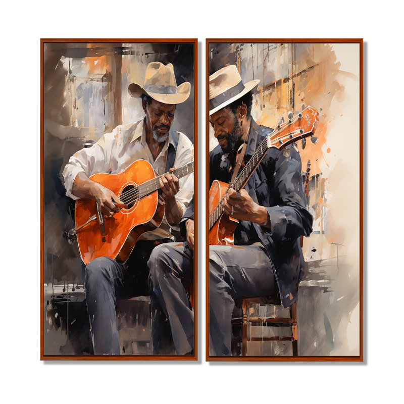 Orange Black Music Harmonious Duo I - Large Music Canvas Wall Art, 40" H x 40" W, Floater Framed Print, Brown