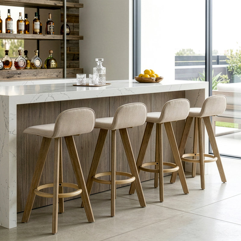 Set of 2 Asta Washed Wood Counter Stool with Low Back Fabric Seat, White Washed