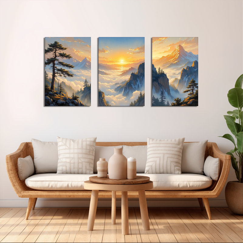 Paysage de montagne coucher de soleil sur toile tendue, reproduction de peinture à l'huile (ensemble de 3), H 24 po x l 48 po