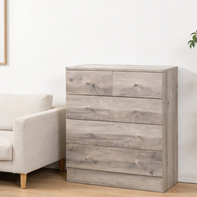 Rustic Gray 5-Drawer Storage Chest - Farmhouse Style Dresser With Wood Knobs For Bedroom, Closet, Or Entryway