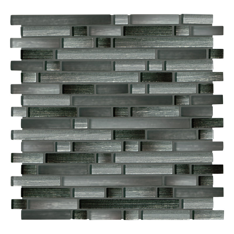 Kinzari Interlocking 12 in. x 12 in. Glossy Glass Mosaic Wall Tile, Carbon