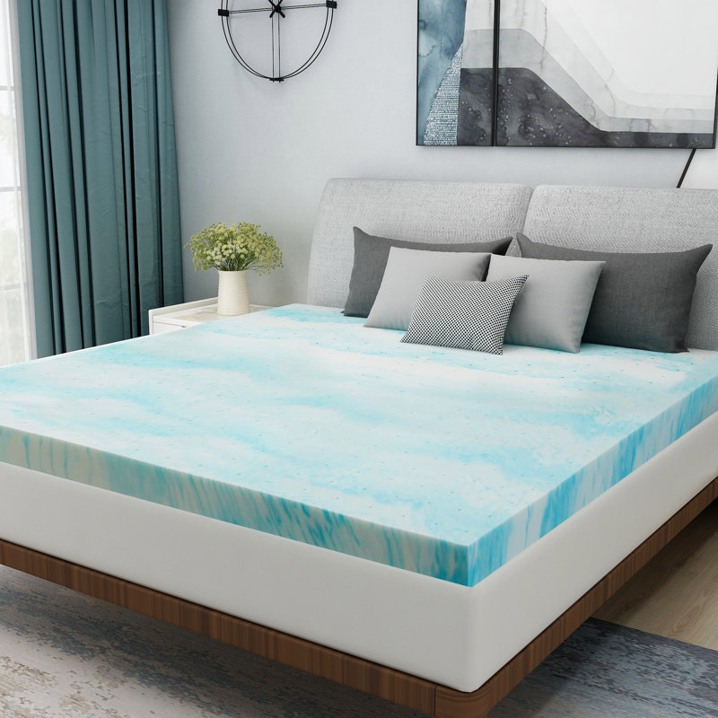 Surmatelas en mousse viscoélastique imprégnée de gel 3 po Szymanski, Bleu / blanc, Simple extra long