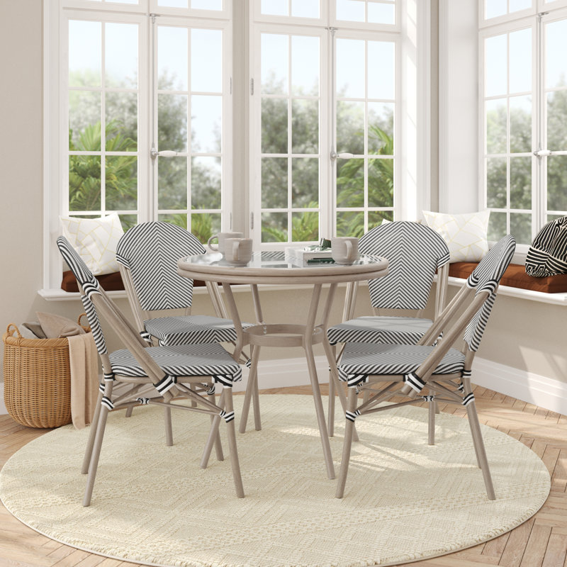 Rylan Indoor/Outdoor Commercial Bistro Set with Table and Four Chairs, Black/White
