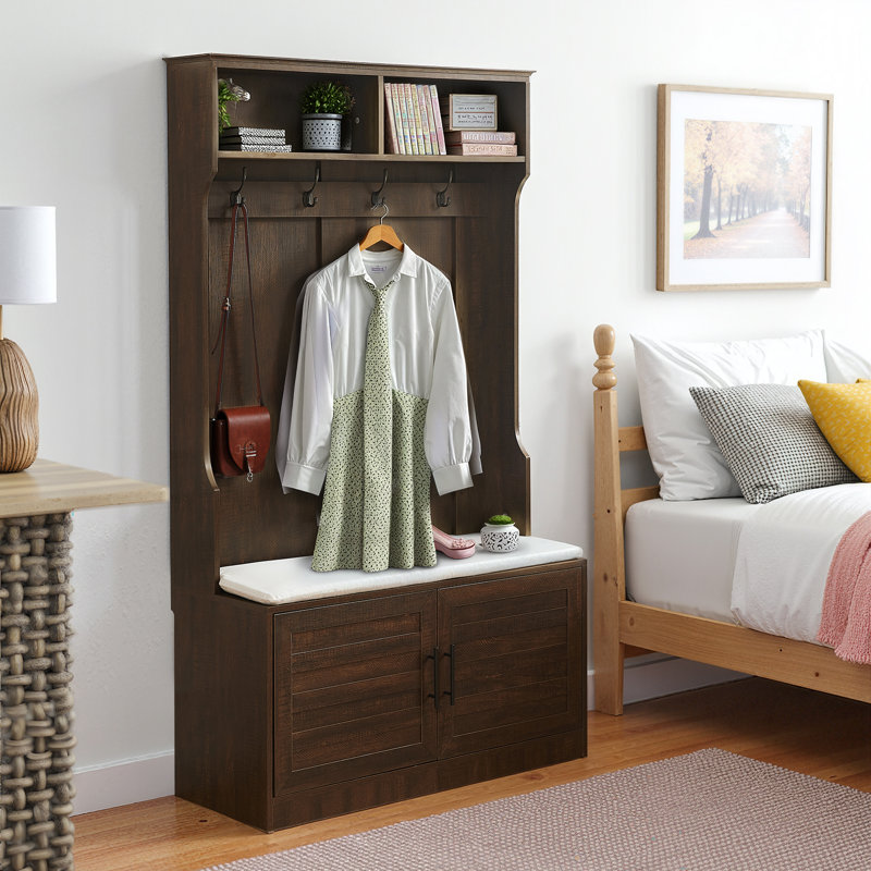 Farmhouse 41.5" Hall Tree With Bench And Shoe Organizer Modern Wood Coat Rack With Hooks Wide Entryway Furniture For Living Room
