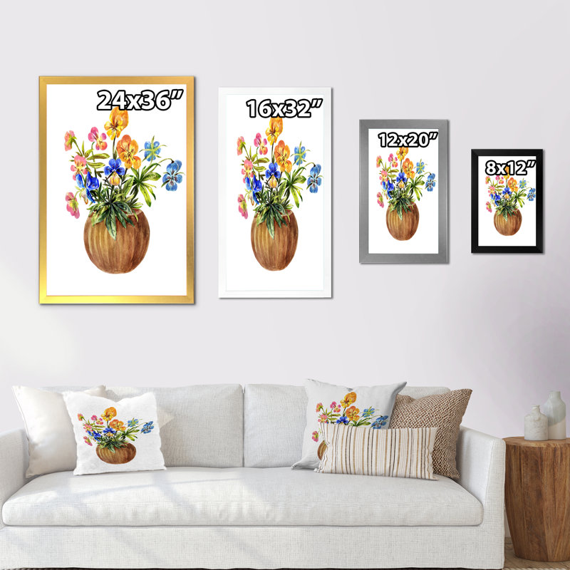 «Brown Pot with Blossoming Pansies», peinture sur toile, H 12 po x l 8 po x P 1 po, Cadre photo blanc