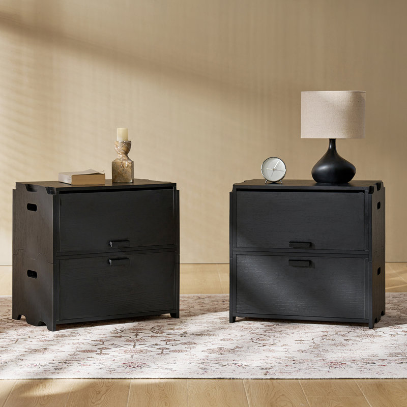 Guilherme 25"Tall Modern 2-Drawer Modular Design  End Table with Flip-Top and Solid Wood Handles(Set of 2), Black