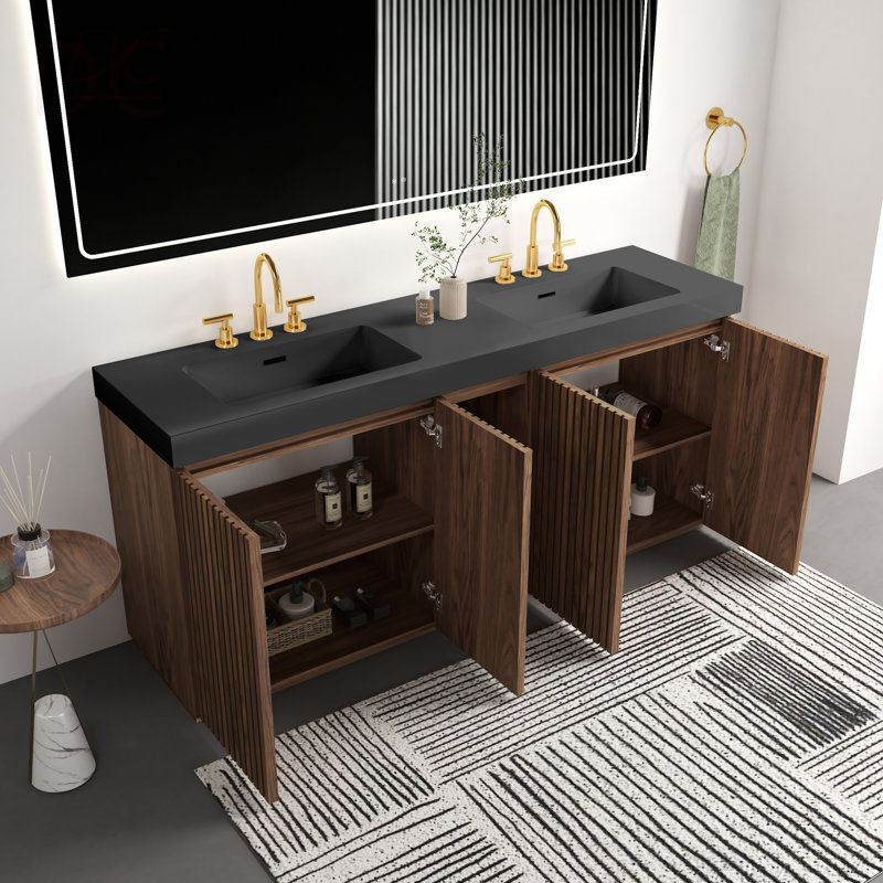 72F" Bathroom Vanity With Sink, Large Storage Freestanding Bathroom Vanity For Modern Bathroom, One-Piece Black Quartz Sink Basin Without Drain And Faucet