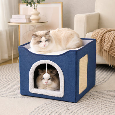 Foldable Cube Cat House with Sisal Scratching Pad & Hanging Play Ball, Dual Level Indoor Cat Cave Bed with Washable Lamb Wool Cushion, Holds Up To 30 Lbs, Multiple Sizes & Colors Optional