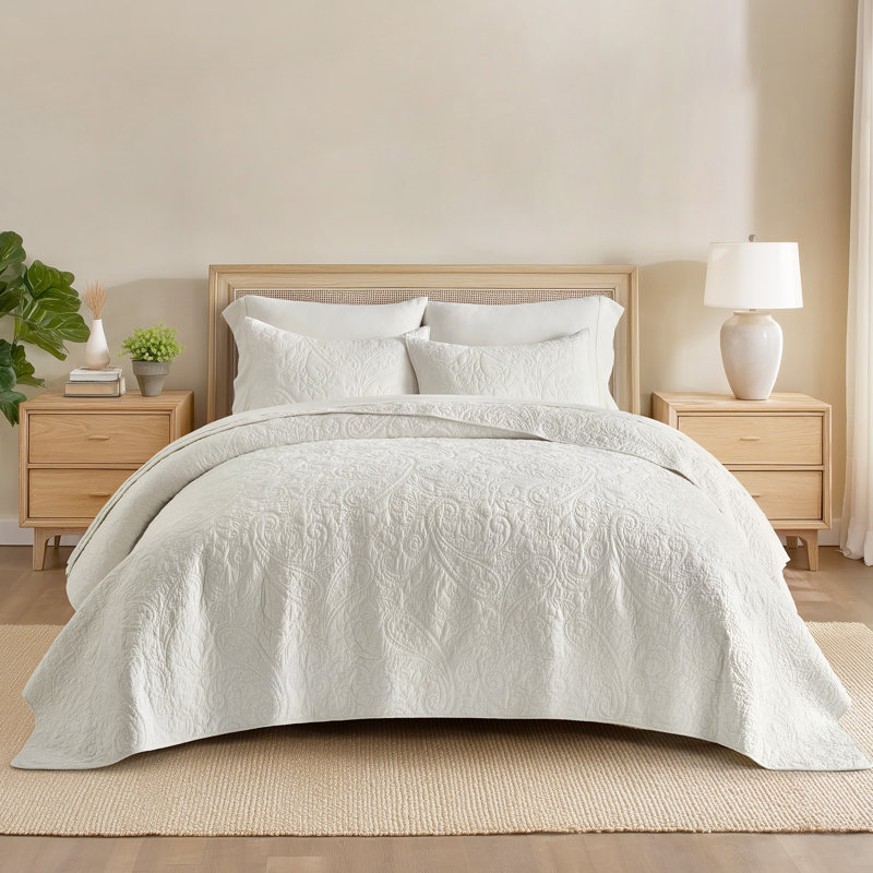 Paisley 100% Cotton Quilt Set 3 Pieces, King Quilt + 2 King Shams, Bright White