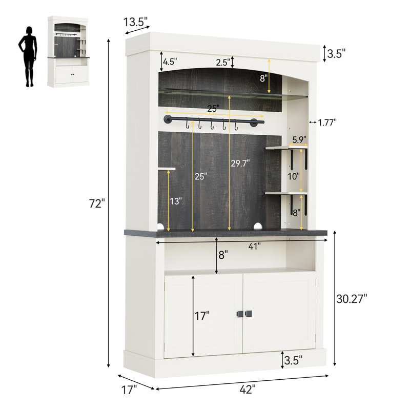 Coffee Bar Cabinet With LED Lights 72" Tall Buffet Cabinet With Storage, White