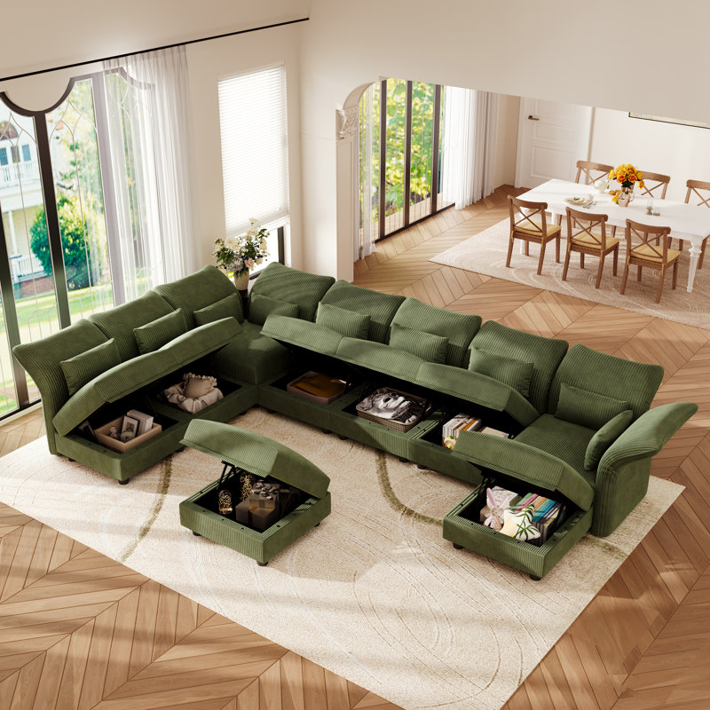 U-Shaped Upholstered Modular Sectional Sofa With Storage, 9 Seat  Corduroy  Couche With Adjustable Arms Backs,Plush Supportive Cushions, Green