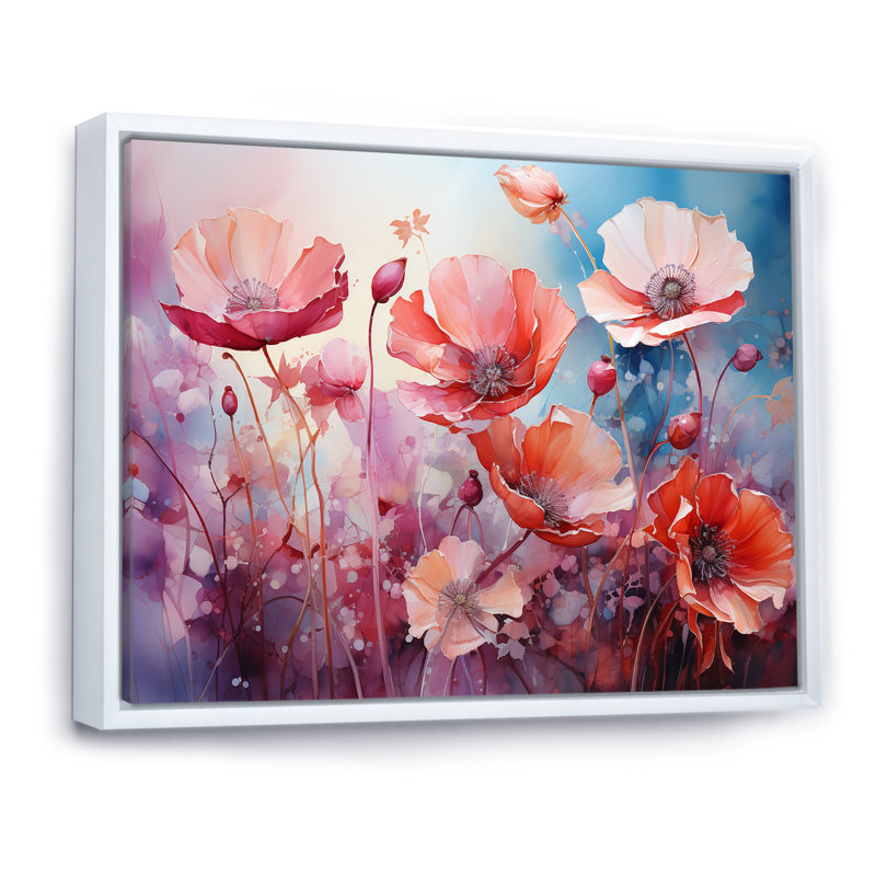 «Pink Crimson Flower Meadow Field» sur toile, Cadre flottant blanc, H 34 po x l 44 po