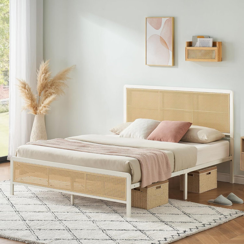 Structure de lit double en rotin de métal, plateforme robuste, style bohémien, Lit double