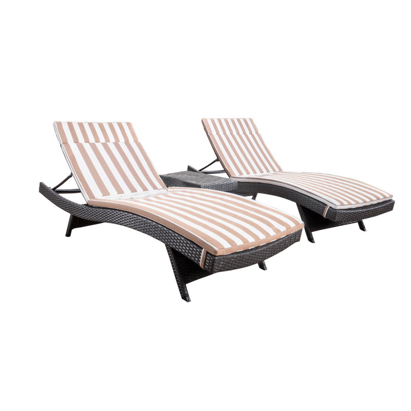 Ensemble de chaises longues inclinables 79,25 po avec coussins et table Brezza, Brun / rayures blanches, Gris