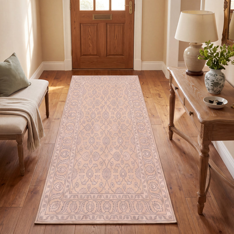 Tapis traditionnel Onyx à motif floral intégral gris crème ivoire beige rose, lavable à la machine, antidérapant, à poils courts, adapté à l'intérieur et à l'extérieur, pour salon, chambre, salle à manger, entrée, couloir, bureau