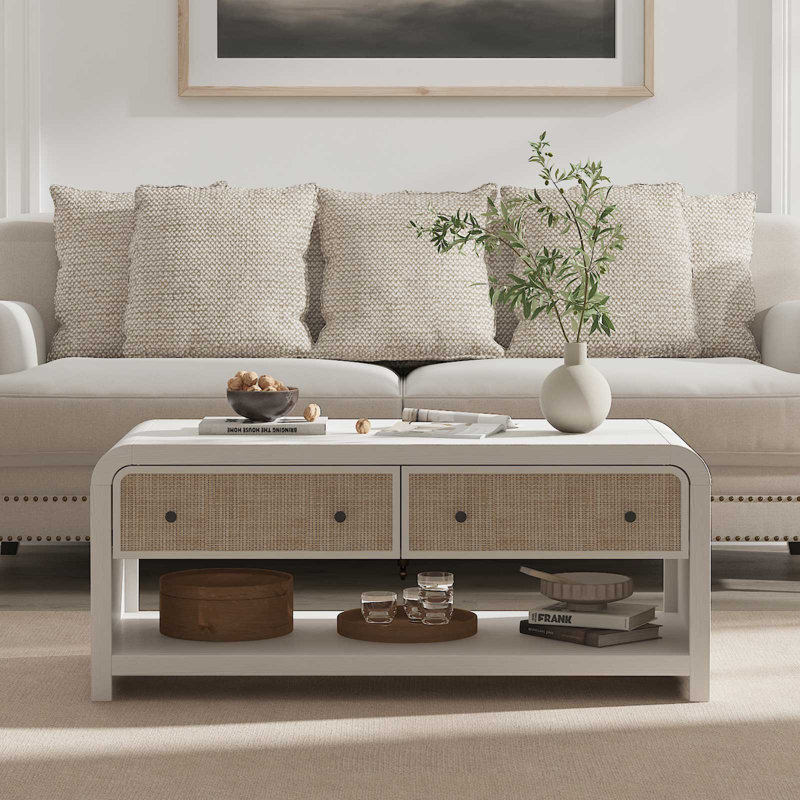 Table basse Choat 48 po avec tiroir en rotin Cevat, Bois blanc/beige