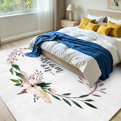 Tapis intérieur jaune lavable à la machine, motif floral bohème aquarelle et couronnes florales.