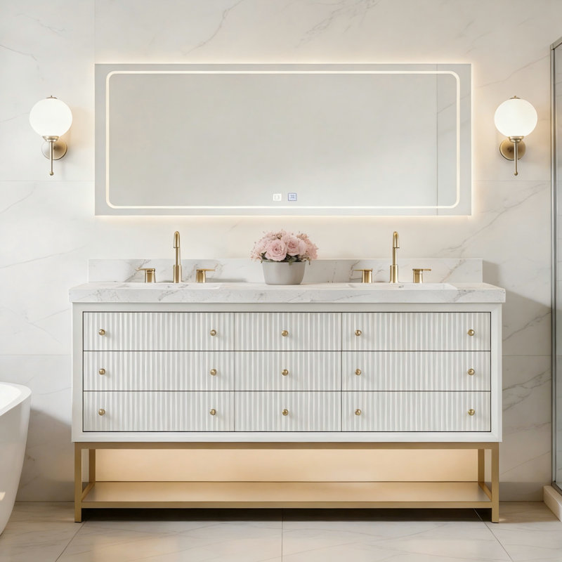 Meuble-lavabo autoportant en chêne massif 72 po avec lumière DEL et structure en métal doré Celestia, Blanc, 72"