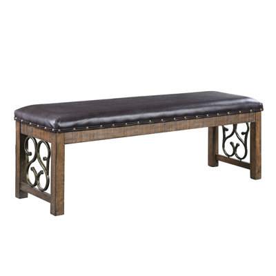 Banc de 56 pouces pour salle à manger, classique traditionnel, conception en métal, finition cerisier, siège en cuir synthétique et garniture cloutée dans la salle à manger traditionnelle