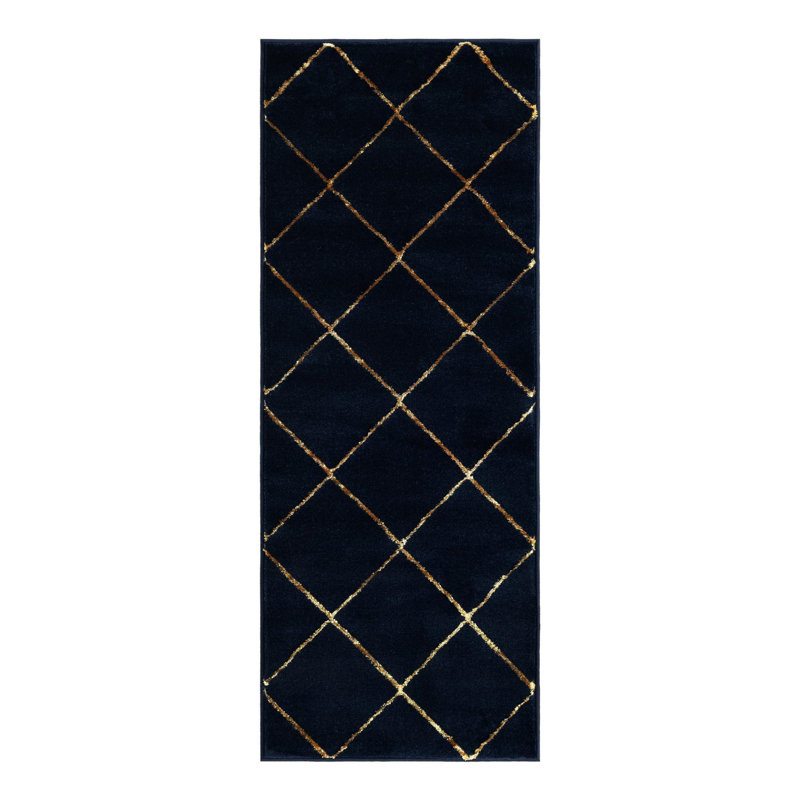 Latitude Run® Checks Nikica Rug Navy Blue and Gold, Runner 2' x 5'1"