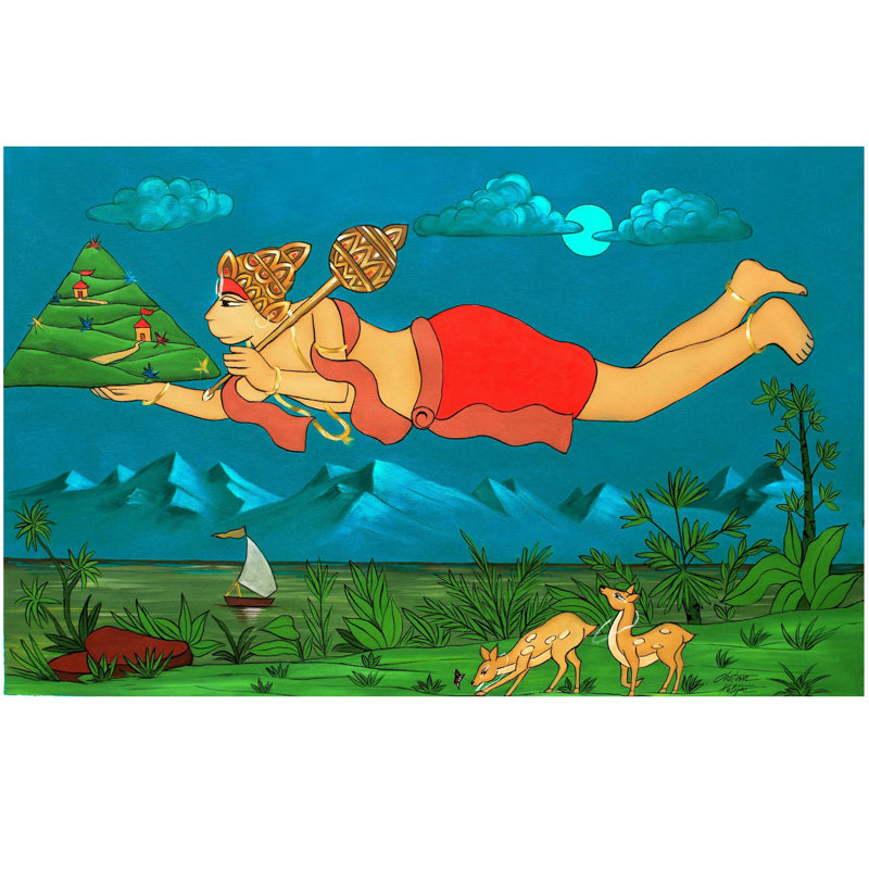 Lord Hanuman transportant Sanjeevani | Acrylique sur toile | Par Chetan Katinagar