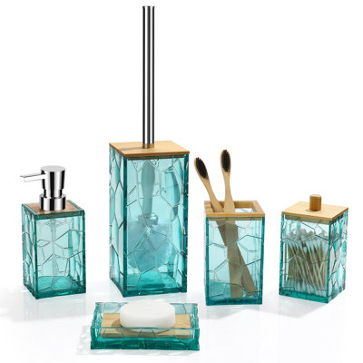 Teal Blue Beach Bathroom Accessories Set, Toothbrush Holder, Soap Dispenser, Cotton Swabs Holder, Soap Dish, Toilet Brush With Holder, Boho Bamboo Bathroom Decor,Acrylic (Teal)
