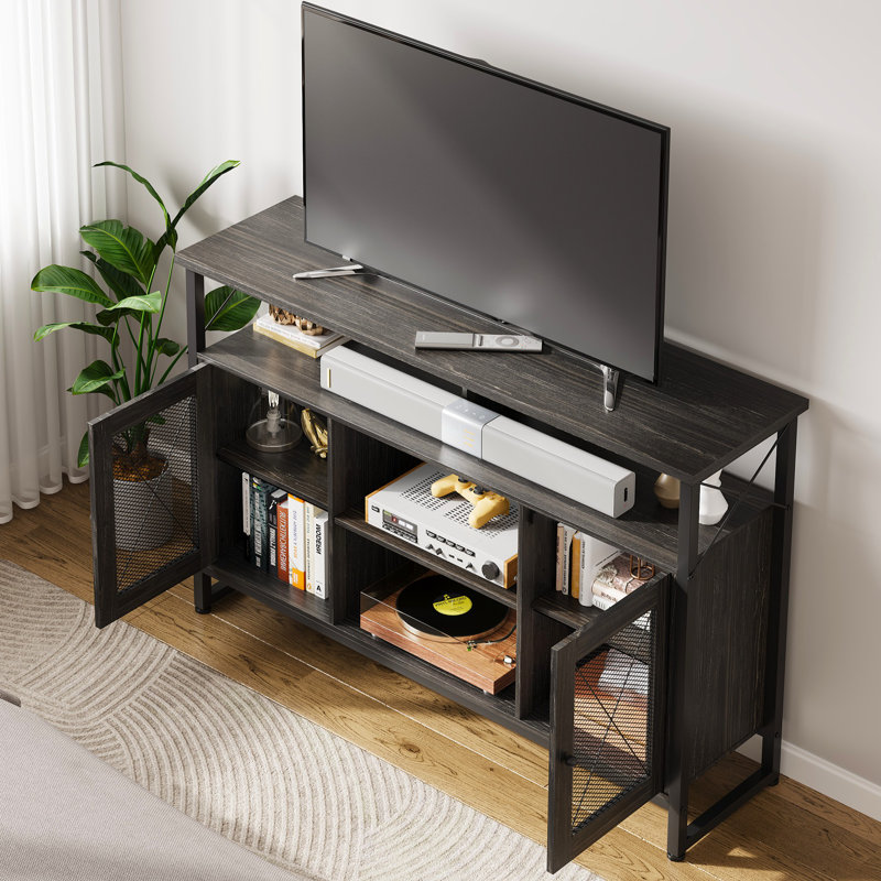 Meuble télé l 50,4 po avec tablettes de rangement ouvertes pour téléviseurs de 55 po Laly, centre de divertissement industriel avec armoires de rangement et tablettes réglables, console multimédia moderne pour le salon et la chambre à coucher