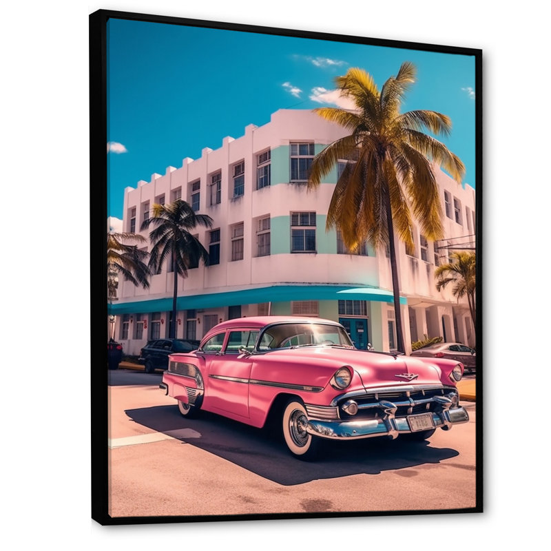 Miami Ocean Drive Pink Drive, reproduction d'art sur toile, H 32 po x l 24 po x P 1 po, Cadre flottant noir