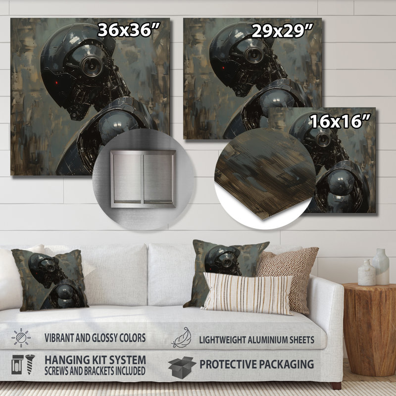 Art mural gris Robot majestueux - Robots, White Picture Framed, H 30 po x l 30 po