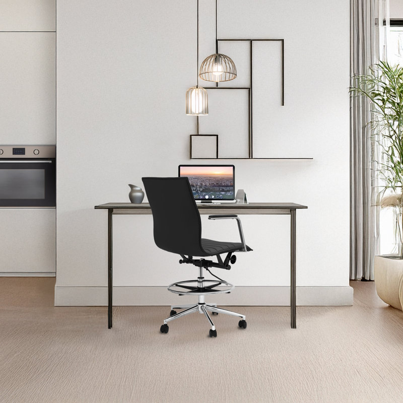 Modern Drafting Chair | Upholstered PU Leather Ribbed Mid Back with Tall Adjustable Base & Leg Rest | Tilt Lock, Swivel | Computer Armchair for Home, Executive, Conference, Meetings