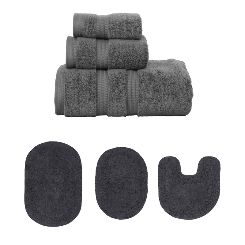 Brunk Collection 100% Soft Cotton 3 Pc Towel Set & 3 Pc Bath Rug Set, (Set of 6), Dark Gray