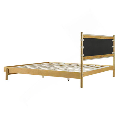 Cadre de lit plateforme en bois d'hévéa de qualité supérieure, cadre de lit très grand avec tête de lit inclus, lit moderne de style Mid-Century de couleur beige