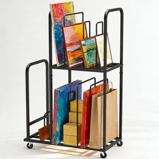Chariot de rangement en carton, support à roulettes réglable à 2 niveaux avec roues verrouillables, station de rangement robuste, support de séchage pour toile et peinture pour la maison, le bureau et le studio