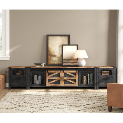 Meuble télé avec station de charge et tiroirs, centre de divertissement de ferme de 85 pouces avec porte de grange coulissante, console média avec tablette de rangement pour le salon et la chambre à coucher