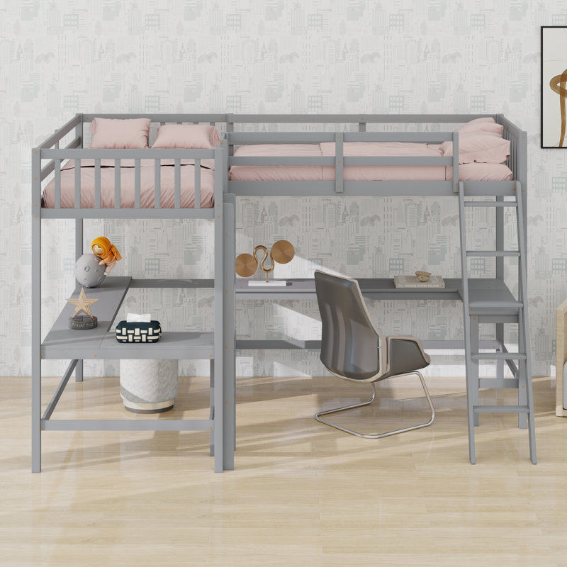Wooden High Loftbed With Ladder，Safety Guardrail And 2 Built-In L-Shaped Desks, Gray