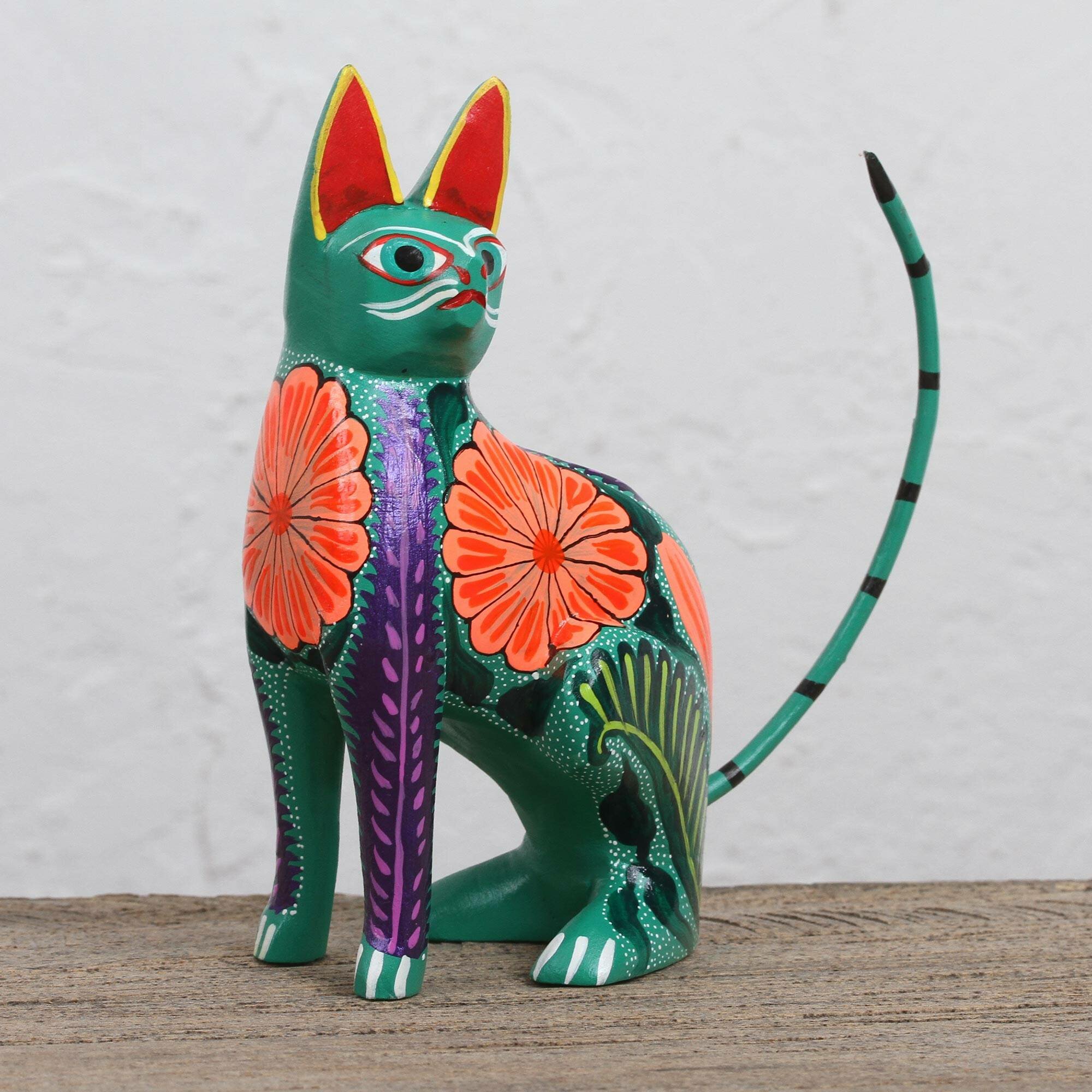 Wood Alebrije Cat Figurine in Orange from Mexico - Fiery Cat