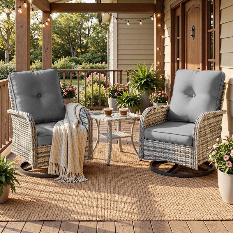 2-Person Patio Conversation Set With Rocking Swivel Chairs And Tempered-Glass Table, Gray