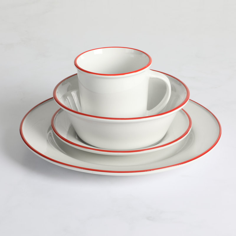 Martha Stewart Cliffield Ceramic Dinnerware Set - Service for 4, White/Red