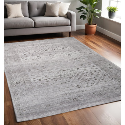 Tapis noir et gris tissé à la main 5 pi x 8 pi Medallion