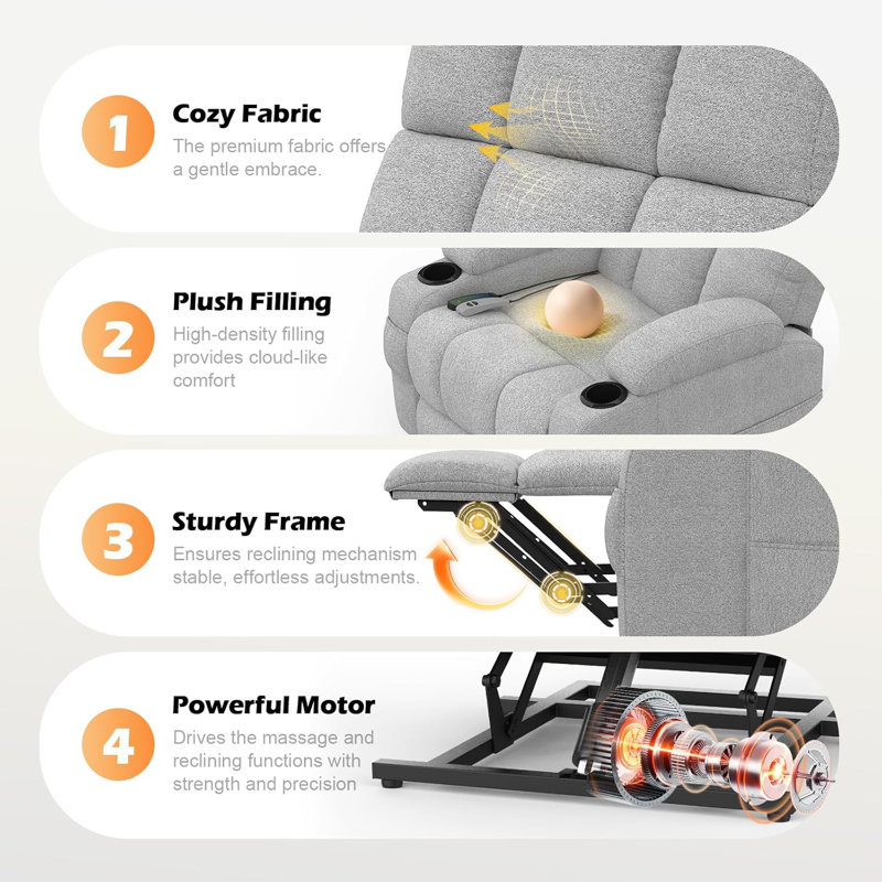 81cm Wide Lift Assist Home Theatre Recliner with Massager, Light Grey