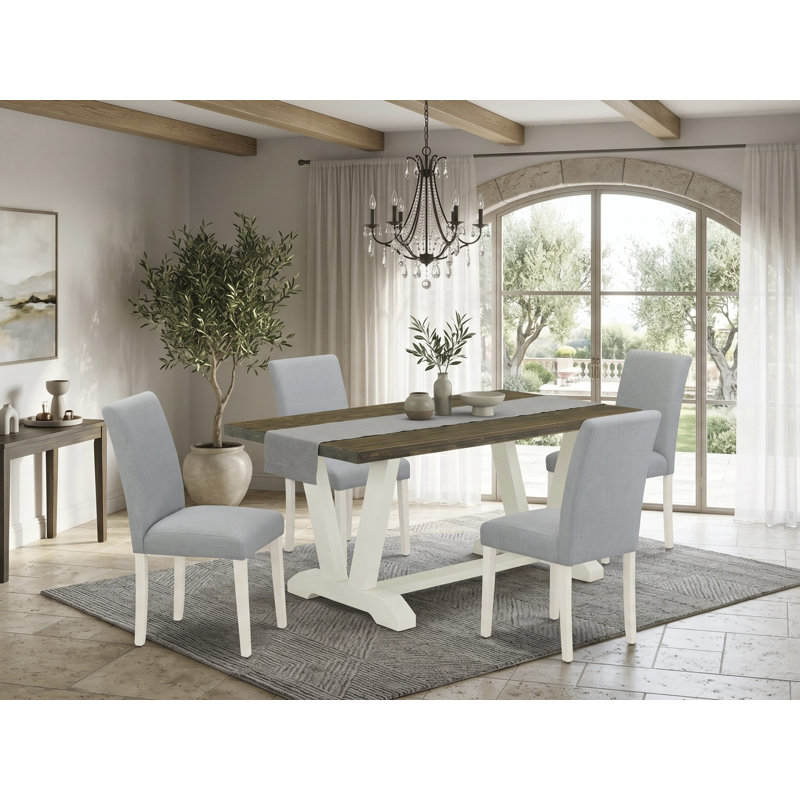 Cet ensemble de table moderne de 5 pièces comprend une table de salle à manger Jacobean patinée et 4 chaises de salle à manger en similicuir blanc à dossier haut - Lin brossé blanc.