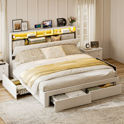 California King Size Bed Frame With 4 Storage Drawers, Upholstered Platform Bed With Led Lights, Hidden Storage Headboard, Charging Station, No Box Spring Needed, Solid Wood Slats, Noise Free, White