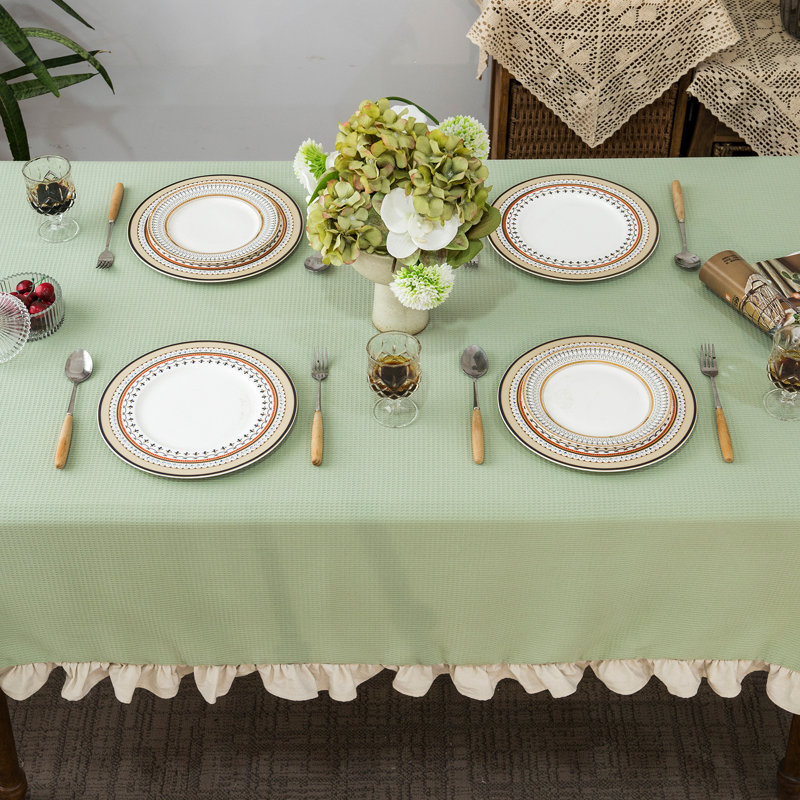 Waffle Weave Textured Rectangle/Oblong Tablecloth With Cotton Retro Ruffle Trim Solid For Farmhouse Decor, 84" L x 55" W