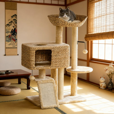 1 arbre à chat brun et beige (centre d'activités pour animaux d'intérieur) | Multi-niveaux pour sauter / grimper, anti-basculement | L 23,5 po x P 15,75 po x H 38,5 po, condo / lit / plateforme, facile à assembler
