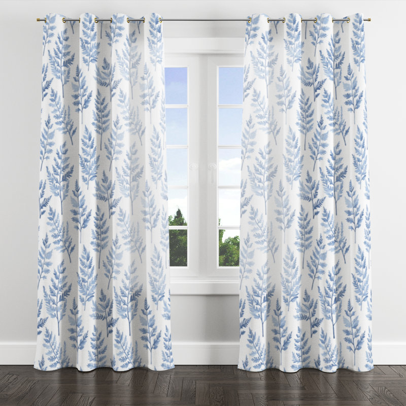 Country Farmhouse Window curtains - Floral Mist Blue Ferns Grommet Curtain - 1 Panel, Gold Grommets, 52" W x 90" L