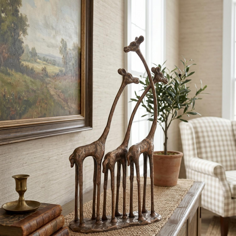Sculpture de girafe en aluminium 18,9 po, statue animalière en bronze antique avec trois girafes, décor de table d'inspiration safari