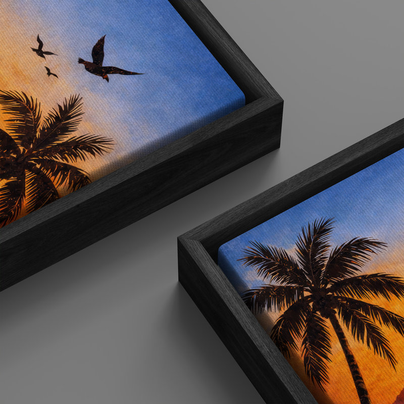 «Tropical Beach Sunset» avec palmiers et chaises, paysage côtier, œuvre d'art verticale, très grandes photos, impression sur toile encadrée