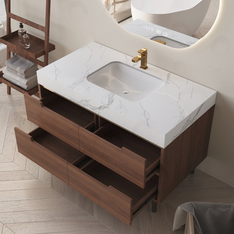 Meuble-lavabo de salle de bain avec lavabo encastré et 4 tiroirs, Noyer